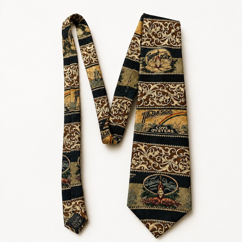 Vintage Tabasco‎ Brand 100% Silk Novelty Necktie Oysters Gulf Shrimp Seafood USA